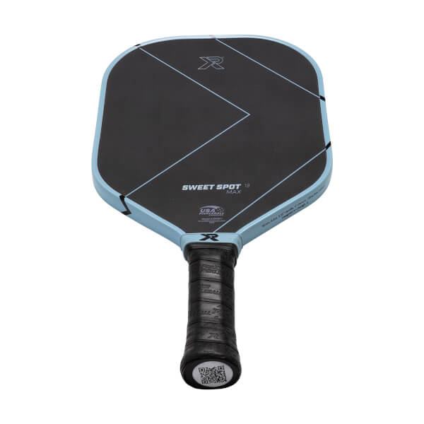 Angled top-down view of a black pickleball paddle with light blue geometric lines, SWEET SPOT MAX text, and a black grip with a QR code.