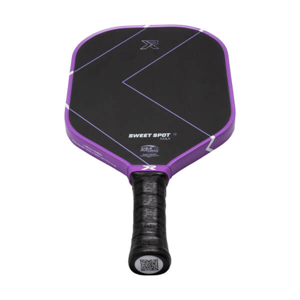 Angled front view of a black and purple pickleball paddle with SWEET SPOT MAX text, geometric lines, and a black textured grip.