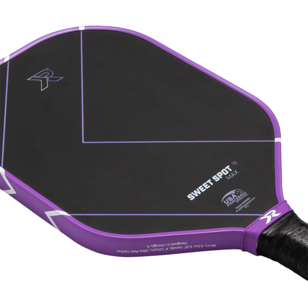 Angled view of a black and purple pickleball paddle with SWEET SPOT 16 MAX text and an R logo.