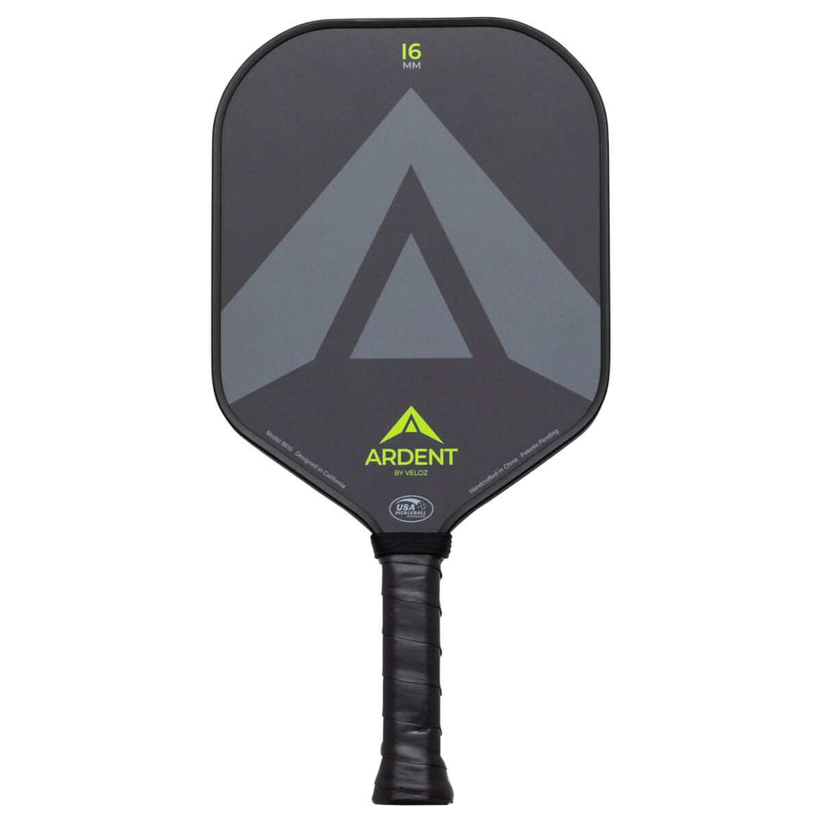 Front view of a dark gray pickleball paddle with a large grey triangle design, "ARDENT" logo, and "16 MM" text.