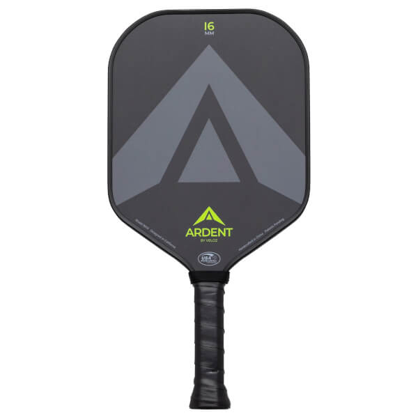 Front view of a dark gray pickleball paddle with a large grey triangle design, "ARDENT" logo, and "16 MM" text.