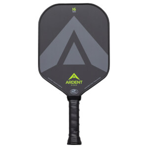 Front view of a dark gray pickleball paddle with a large grey triangle design, "ARDENT" logo, and "16 MM" text.