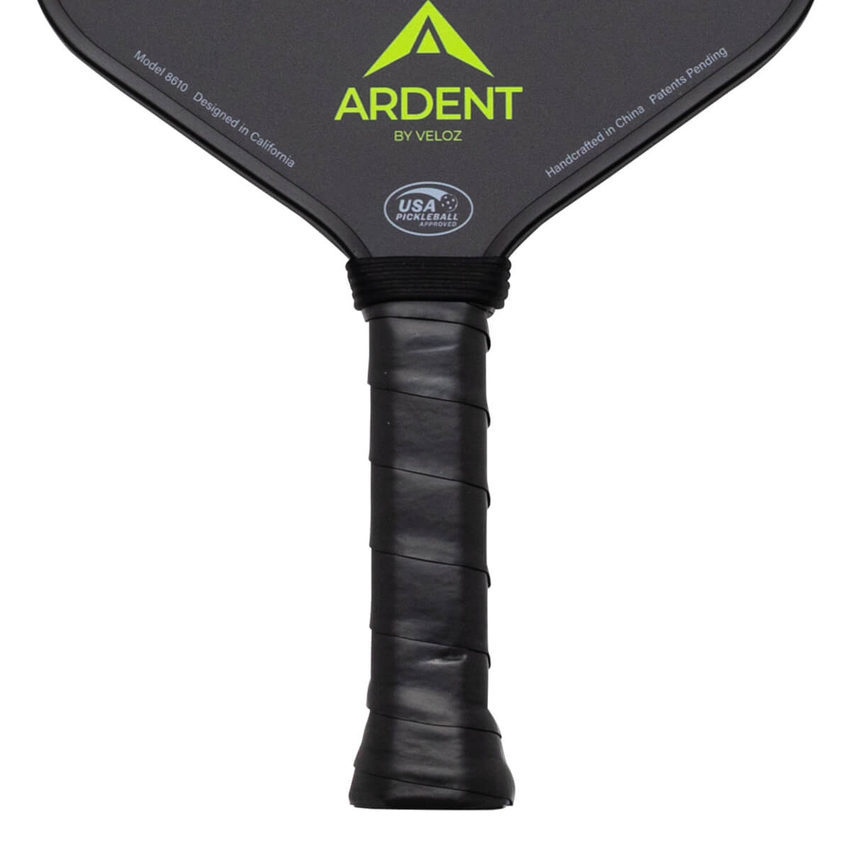 Close-up of the handle and lower paddle face, showing the black grip, "ARDENT" logo, and "USA PICKLEBALL APPROVED" seal.