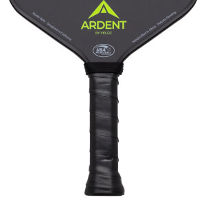 Close-up of the handle and lower paddle face, showing the black grip, "ARDENT" logo, and "USA PICKLEBALL APPROVED" seal.