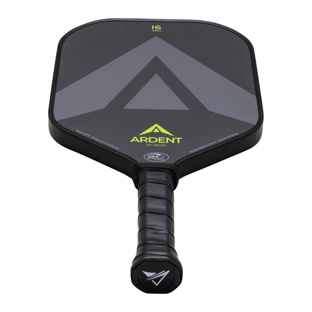Top-down view of a black pickleball paddle with a gray chevron design, "ARDENT BY VELOZ" logo, and "16 MM" text.
