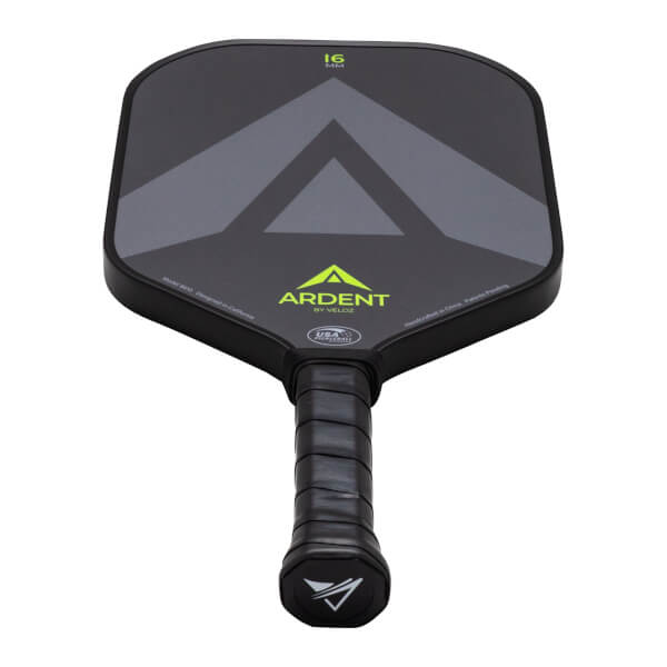 Top-down view of a black pickleball paddle with a gray chevron design, "ARDENT BY VELOZ" logo, and "16 MM" text.