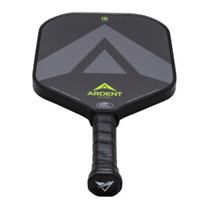 Top-down view of a black pickleball paddle with a gray chevron design, "ARDENT BY VELOZ" logo, and "16 MM" text.