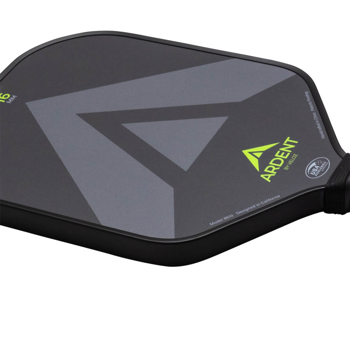 Close-up of a black pickleball paddle showing a grey V-shaped graphic, the "ARDENT" logo, and "USA PICKLEBALL APPROVED".