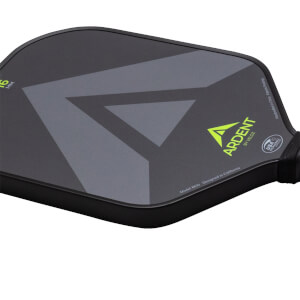 Close-up of a black pickleball paddle showing a grey V-shaped graphic, the "ARDENT" logo, and "USA PICKLEBALL APPROVED".