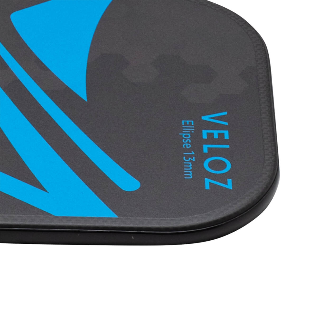 Close-up of the corner shows the VELOZ logo and "Ellipse 13mm" text on a dark grey surface with blue graphic elements.