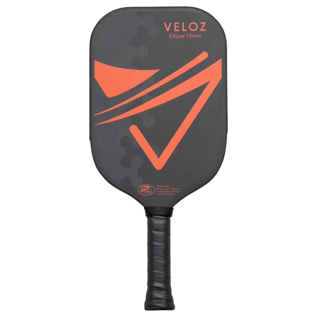 Front view of a dark gray pickleball paddle with orange VELOZ Ellipse 13mm text and a stylized V graphic.