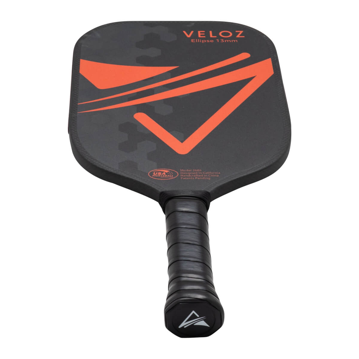 Front view of a black pickleball paddle with orange geometric accents, "VELOZ Ellipse 13mm" text, and a black grip.
