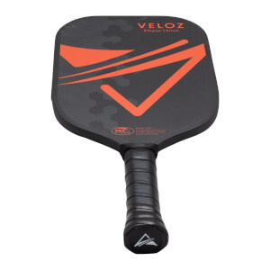 Front view of a black pickleball paddle with orange geometric accents, "VELOZ Ellipse 13mm" text, and a black grip.