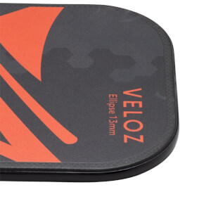Close-up of the corner showing the VELOZ logo and "Ellipse 13mm" text on a black surface with orange graphics.