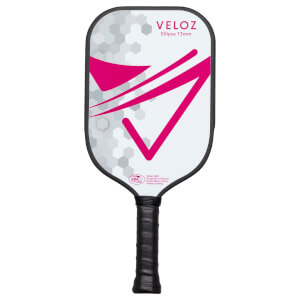Front view of a white pickleball paddle with pink accents, "VELOZ Ellipse 13mm" text, and a black grip.