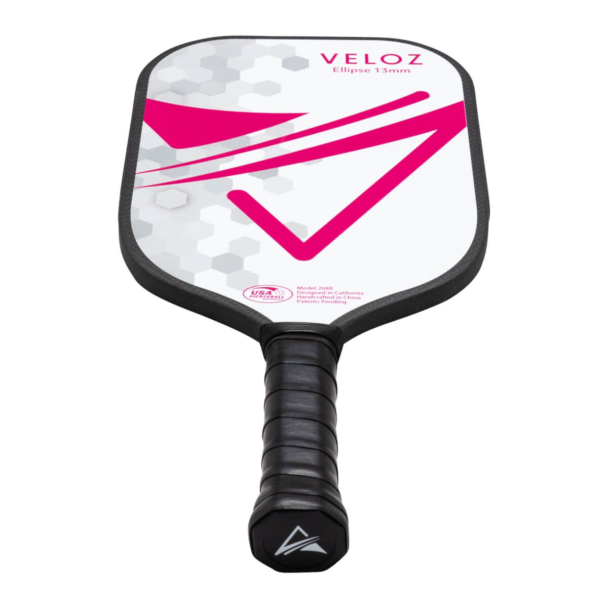 Front view of a VELOZ Ellipse 13mm pickleball paddle with a pink checkmark graphic and honeycomb pattern.