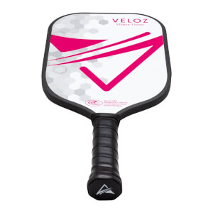 Front view of a VELOZ Ellipse 13mm pickleball paddle with a pink checkmark graphic and honeycomb pattern.