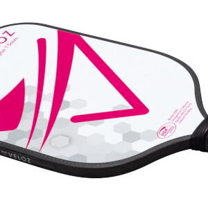 Close-up of a pickleball paddle showing a large pink "A" design, hexagonal pattern, and "VELOZ" text.