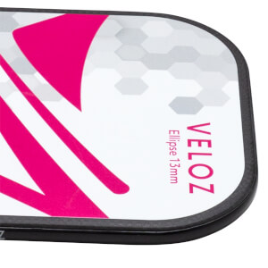 Corner view of a white paddle with pink geometric shapes, the text "VELOZ Ellipse 13mm" is visible.