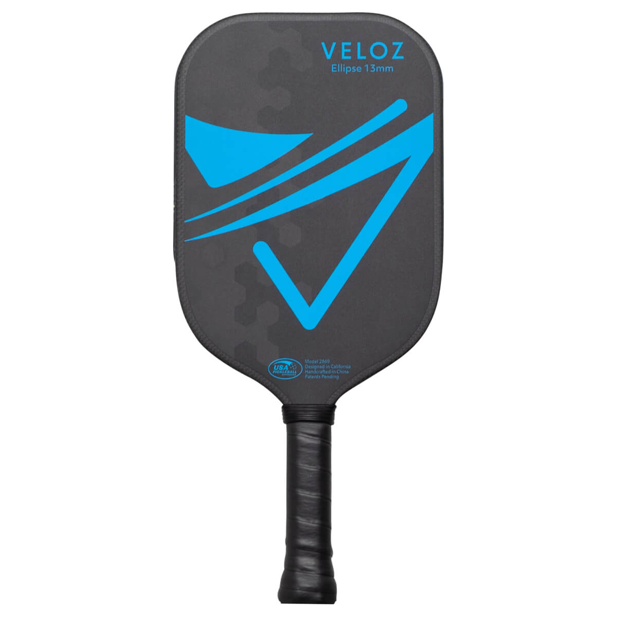 Front view of a dark grey pickleball paddle with blue VELOZ Ellipse 13mm text and a blue abstract design.
