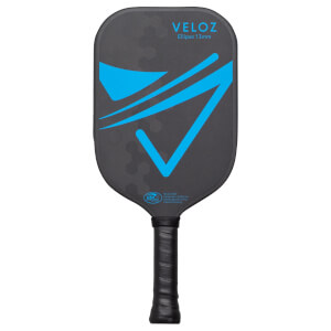 Front view of a dark grey pickleball paddle with blue VELOZ Ellipse 13mm text and a blue abstract design.