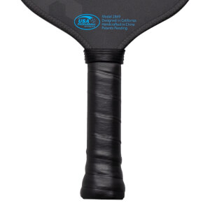 Close-up of a black pickleball paddle handle with "USA PICKLEBALL APPROVED" and "Model 2869" visible.