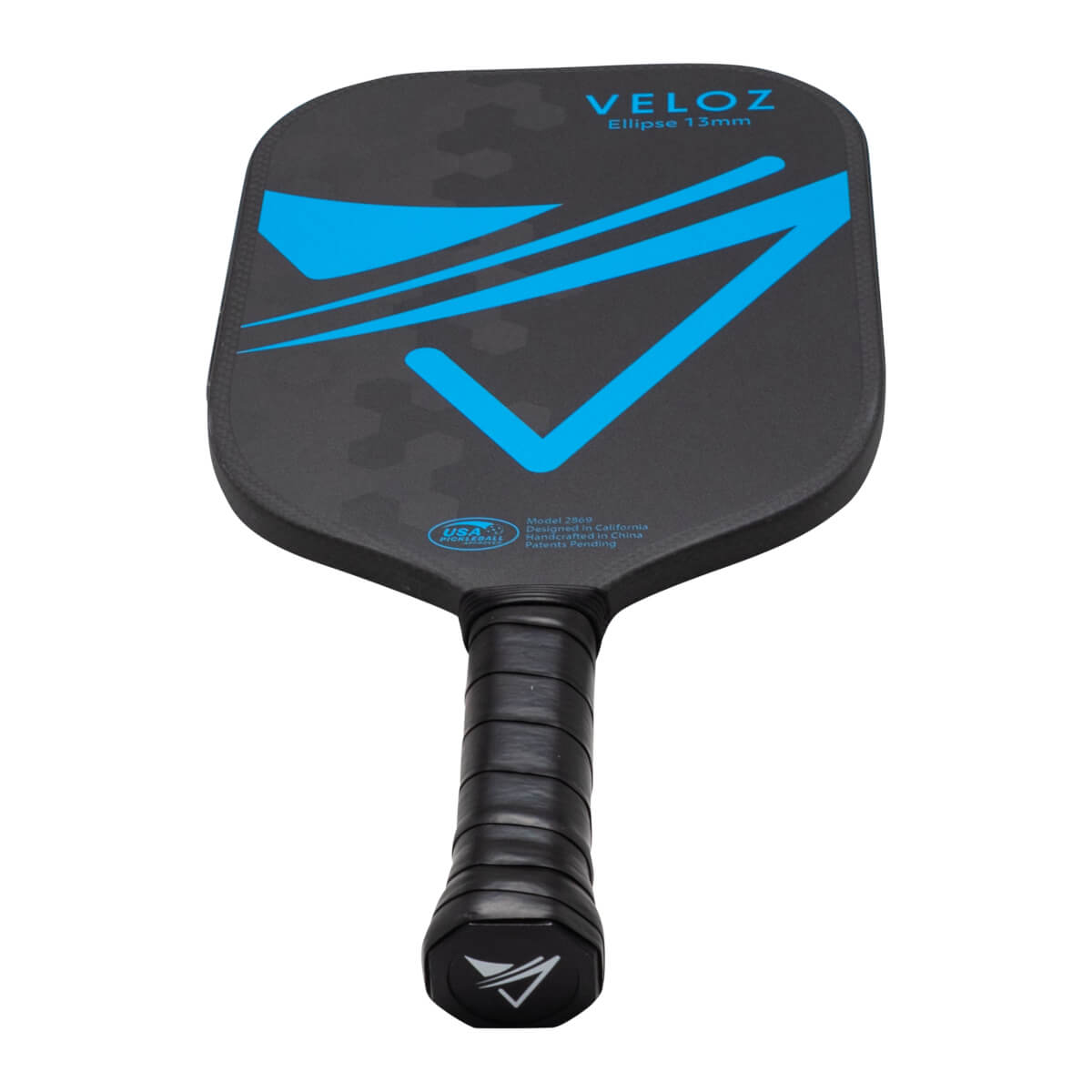 Front view of a VELOZ Ellipse 13mm pickleball paddle with blue accents and a black grip.