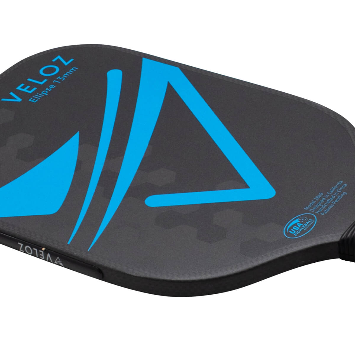 Top-down view of a black pickleball paddle with a large blue abstract design, "VELOZ", and "ellipse 13mm".