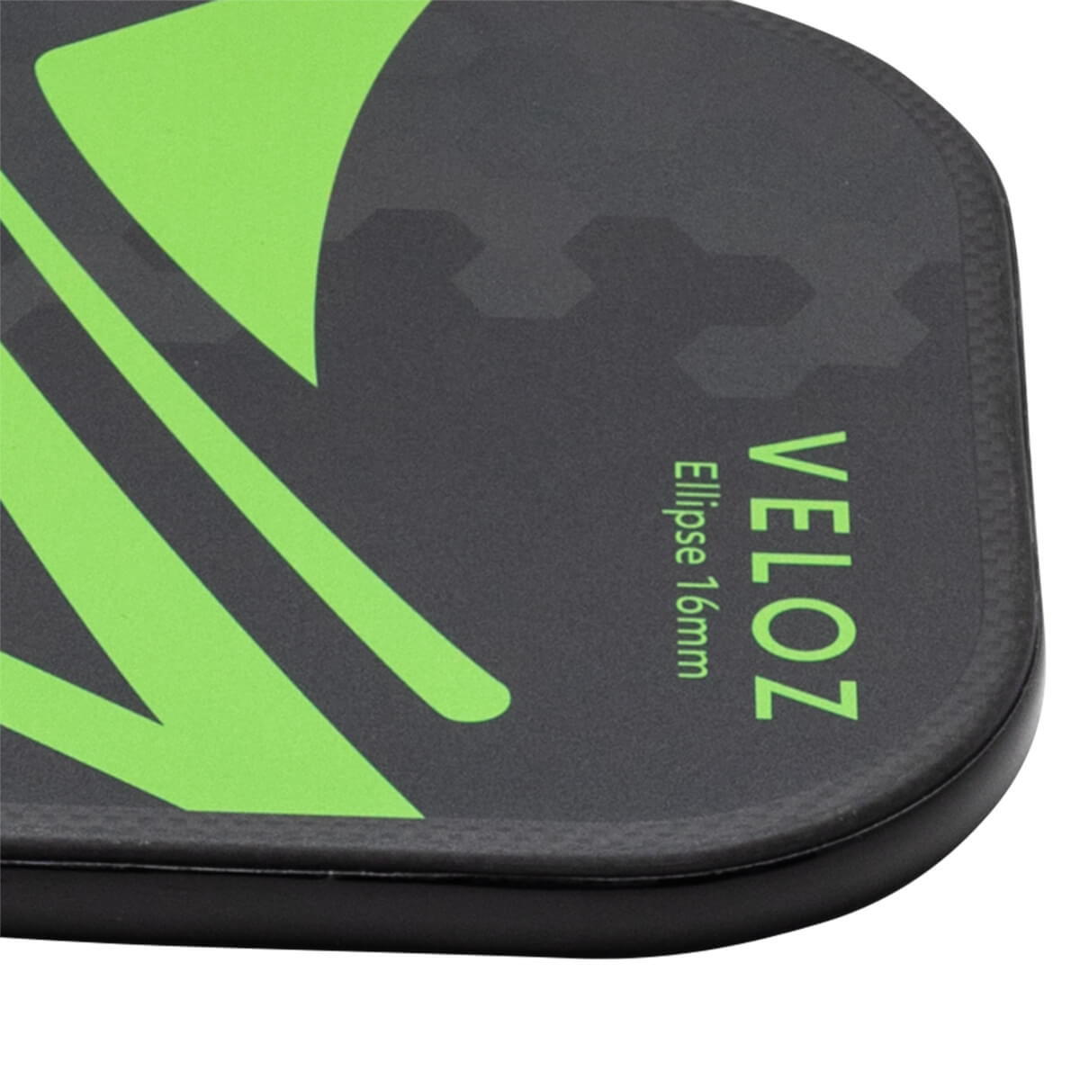 Corner view of a black paddle with bright green diagonal stripes and "VELOZ Ellipse 16mm" text.