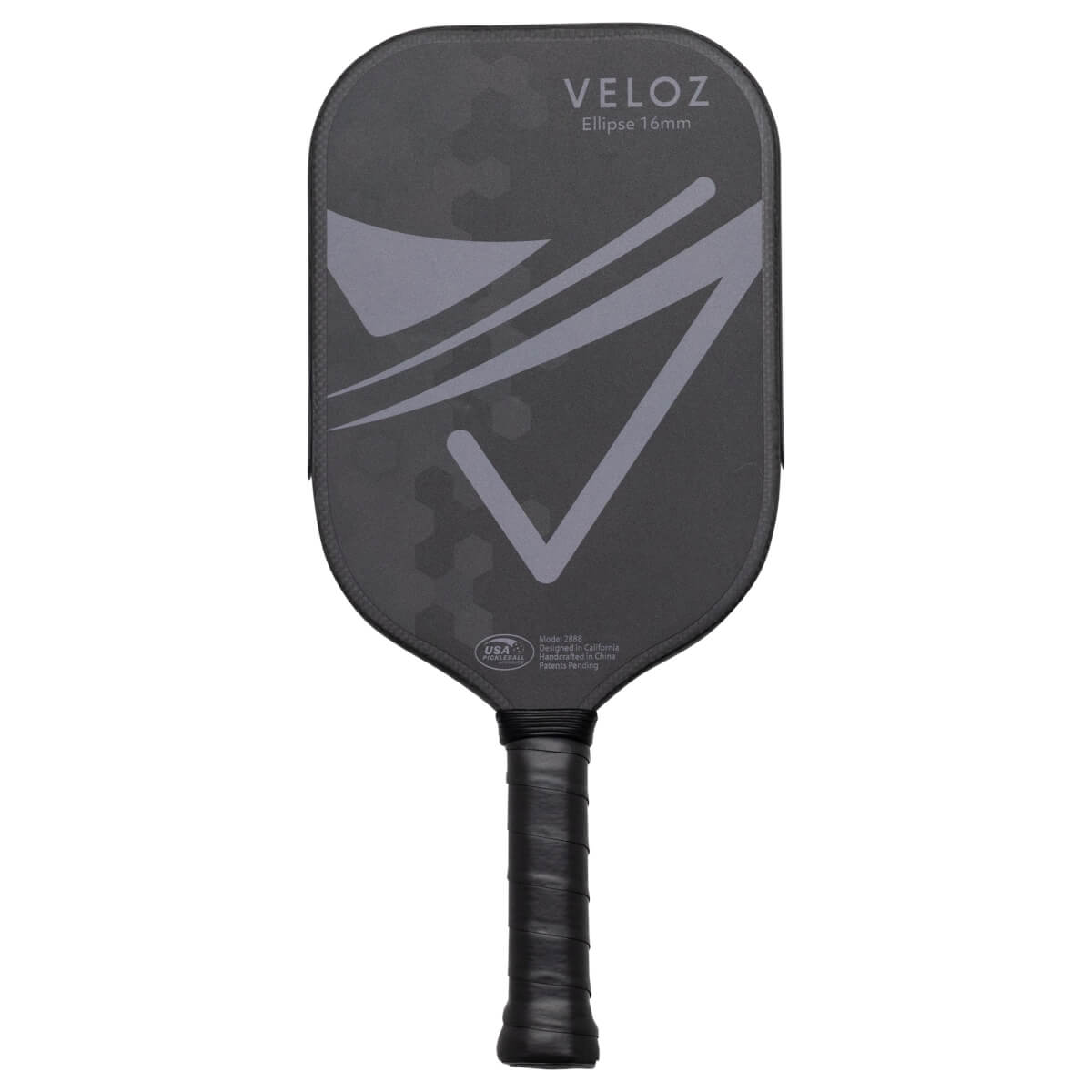 Front view of a dark grey pickleball paddle with "VELOZ Ellipse 16mm" text and a grey graphic.