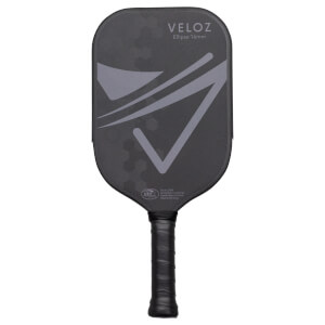 Front view of a dark grey pickleball paddle with "VELOZ Ellipse 16mm" text and a grey graphic.