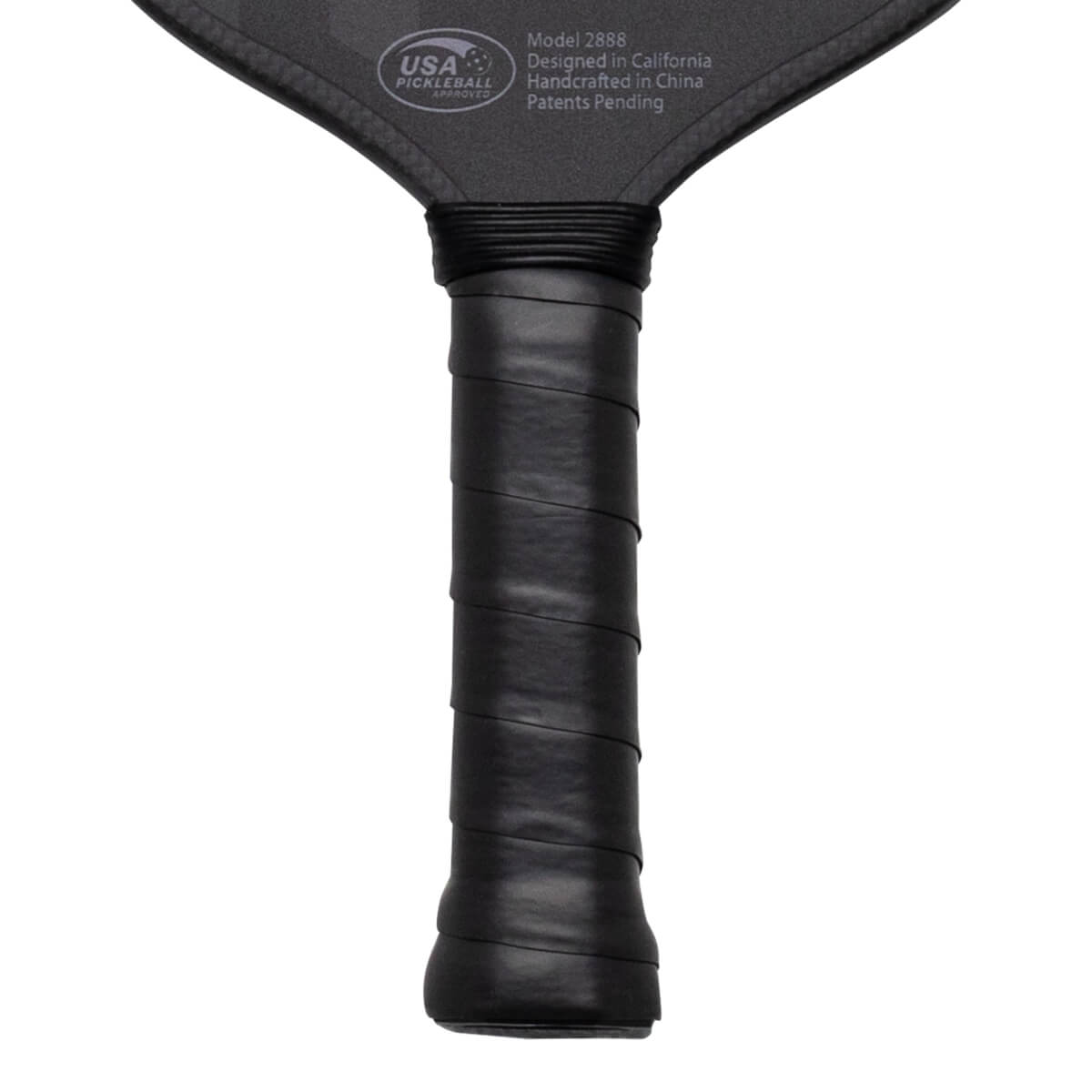 Close-up of a black pickleball paddle handle with "USA PICKLEBALL APPROVED" and "Model 2888" visible.