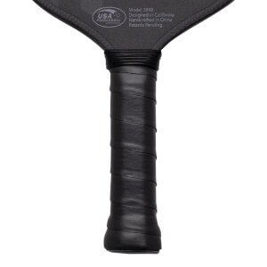 Close-up of a black pickleball paddle handle with "USA PICKLEBALL APPROVED" and "Model 2888" visible.