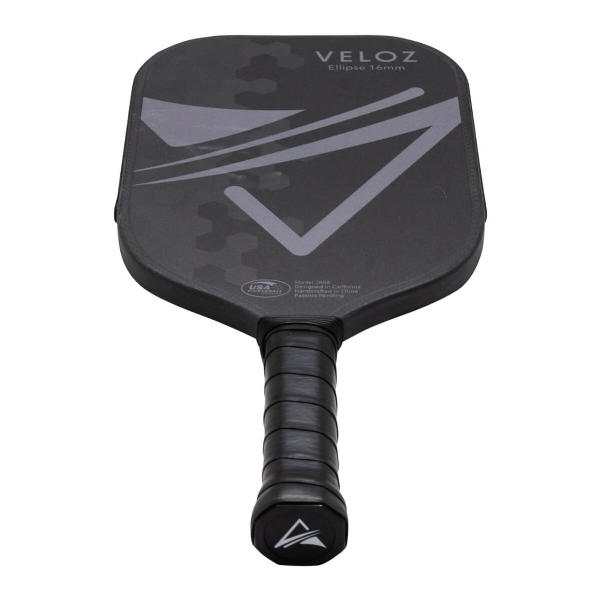 Front view of a black VELOZ Ellipse 16mm pickleball paddle with a grey geometric design and a black grip.