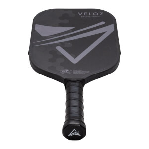Front view of a black VELOZ Ellipse 16mm pickleball paddle with a grey geometric design and a black grip.