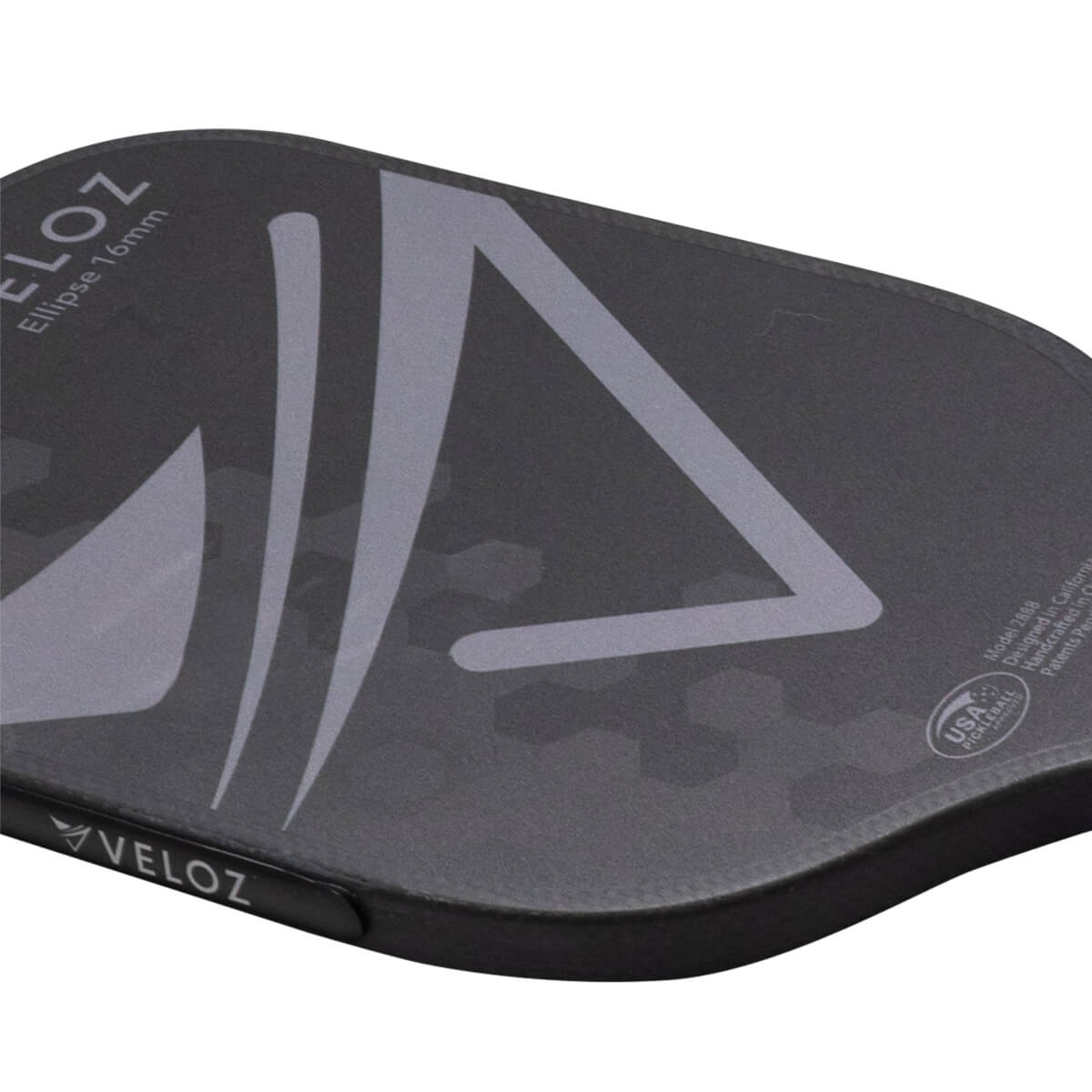 Top-down view of a black VELOZ pickleball paddle with a large grey abstract design and "Ellipse 16mm" text.