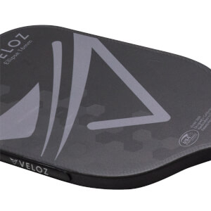 Top-down view of a black VELOZ pickleball paddle with a large grey abstract design and "Ellipse 16mm" text.