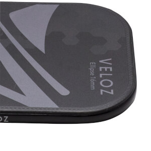 Corner view of a black VELOZ Ellipse 16mm product with a grey abstract pattern and carbon fiber texture.