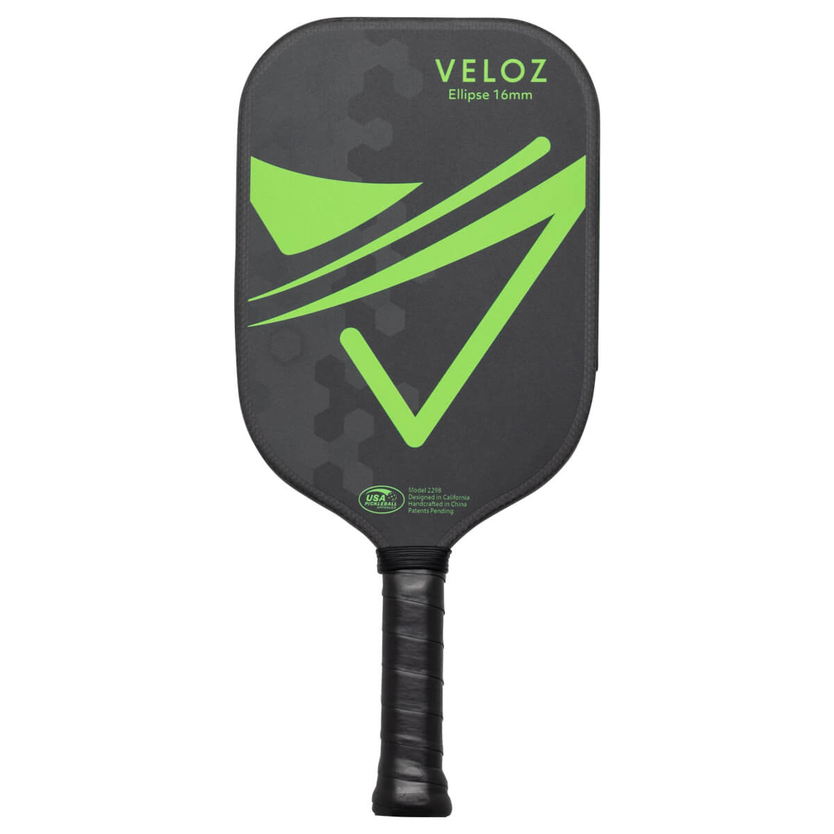 Front view of a black VELOZ Ellipse 16mm pickleball paddle with a green graphic and black grip.