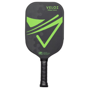 Front view of a black VELOZ Ellipse 16mm pickleball paddle with a green graphic and black grip.