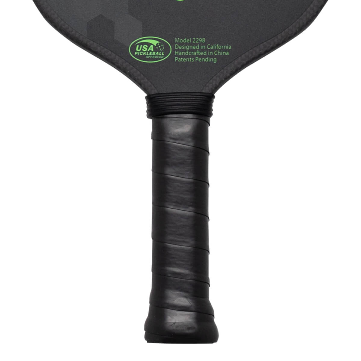 Close-up of the handle and top of a pickleball paddle, showing the black grip, "USA PICKLEBALL APPROVED" logo, and "Model 2298" text.