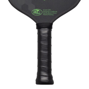 Close-up of the handle and top of a pickleball paddle, showing the black grip, "USA PICKLEBALL APPROVED" logo, and "Model 2298" text.