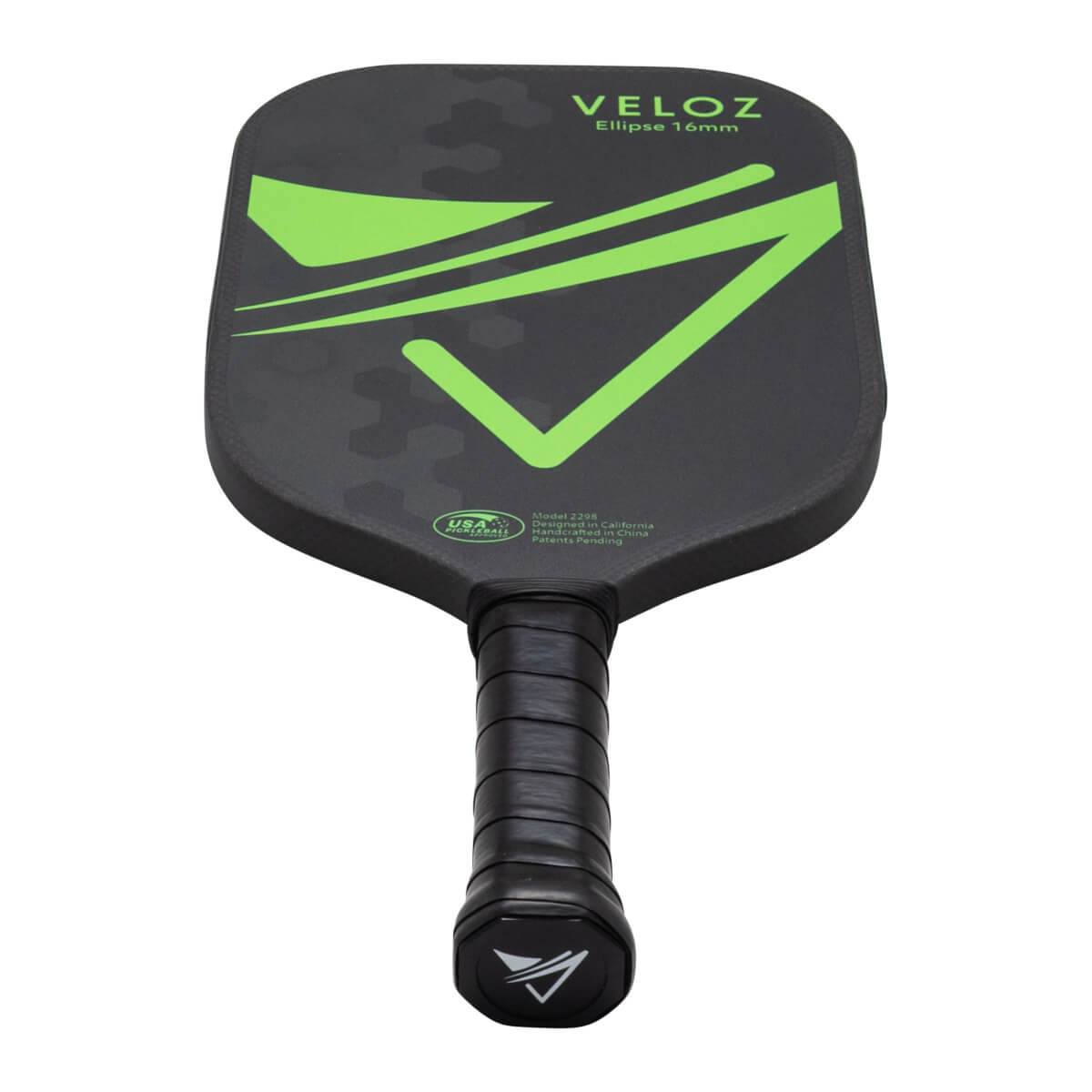 Top-down view of a black pickleball paddle with a green V-shaped design and "VELOZ Ellipse 16mm" text.