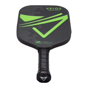 Top-down view of a black pickleball paddle with a green V-shaped design and "VELOZ Ellipse 16mm" text.