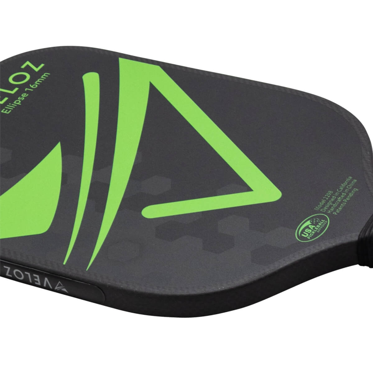 Close-up of a black pickleball paddle with a large neon green "A" graphic and "VELOZ Ellipse 16mm" text.