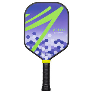 Front view of a pickleball paddle with a purple and green geometric design, featuring the words "VELOZ" and "Quadra 13mm".