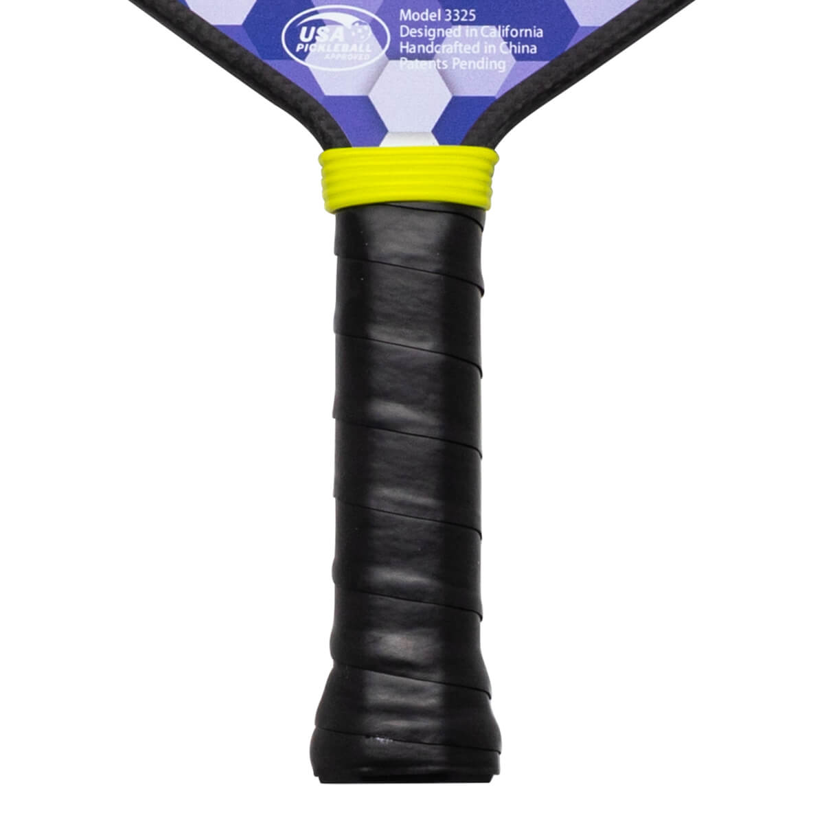 Close-up of pickleball paddle handle with black grip, yellow band, and "USA Pickleball Approved" logo.