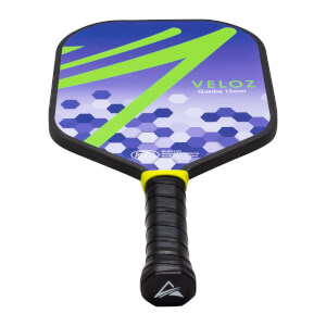 Front view of a pickleball paddle with a purple and green geometric design, showing "VELOZ Quadra 13mm".
