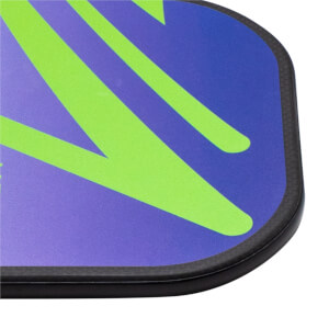 Corner view of a purple and green striped pickleball paddle with a black edge.