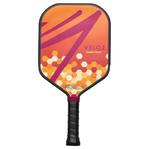 Front view of a VELOZ Quadra 16mm pickleball paddle with an orange and purple geometric design and honeycomb pattern.